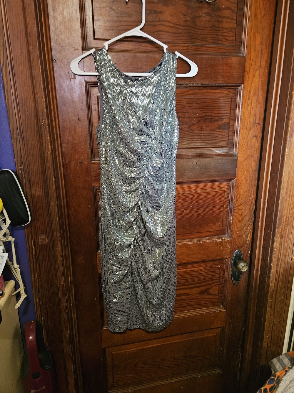 Crystal Doll Silver Sequin Ruched Midi Dress